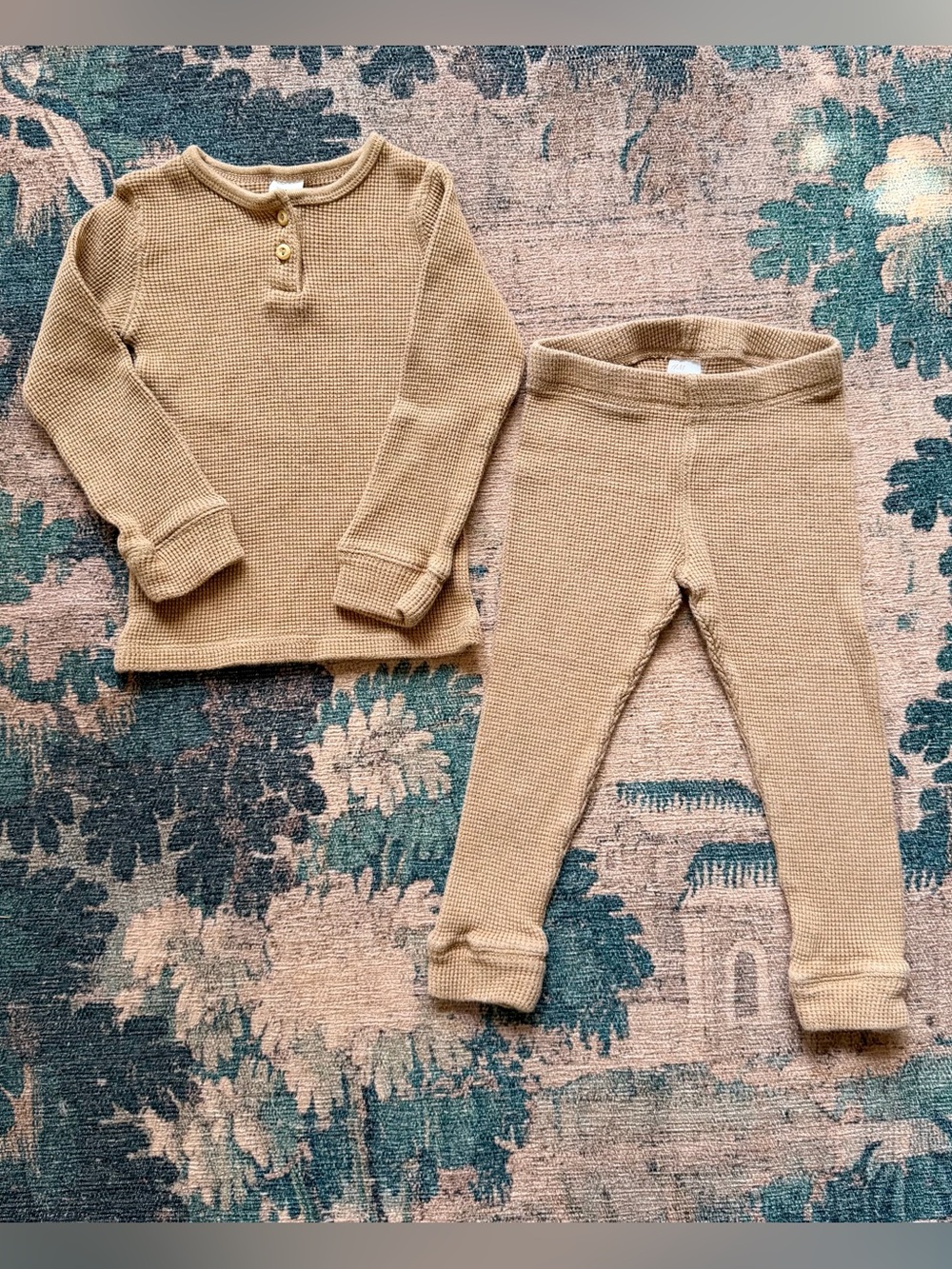 H&M Organic Waffle Knit Thermal Henley Shirt & Pants Set in Tan - 3T